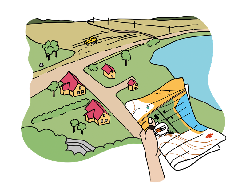 Illustration of a hand holding a map and a compass against the backdrop of a landscape