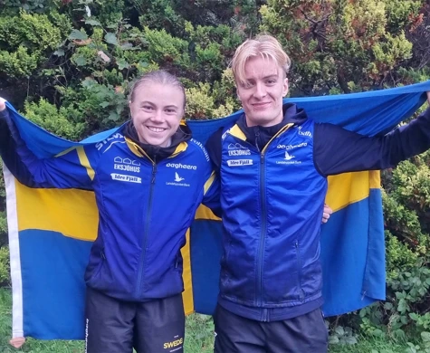 Freja Hjerne och Wilmer Selin efter seger och andraplats på JEC-sprinten i Skottland.