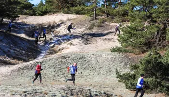 Orienterare springer kors och tvärs mellan sanddynorna i Åhus.